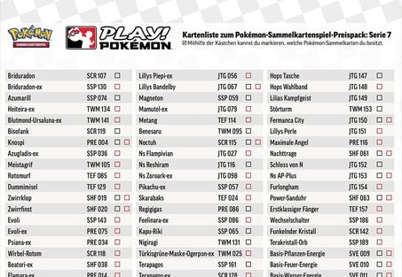 Ein Beispiel einer Pokémon-Sammelkartenspiel-Kartencheckliste.