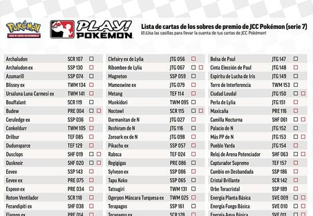 Imagen de ejemplo de una lista de cartas del Juego de Cartas Coleccionables Pokémon