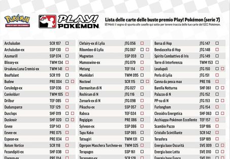 Immagine di una lista delle carte del Gioco di Carte Collezionabili Pokémon.