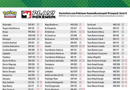 Ein Beispiel einer Pokémon-Sammelkartenspiel-Kartencheckliste.