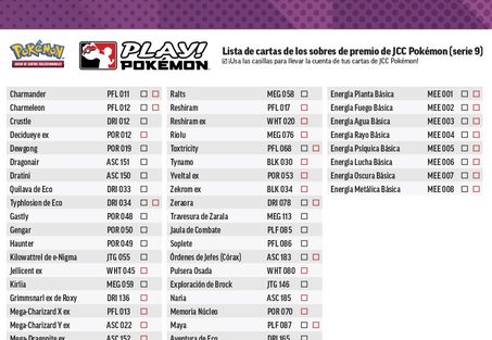 Imagen de ejemplo de una lista de cartas del Juego de Cartas Coleccionables Pokémon
