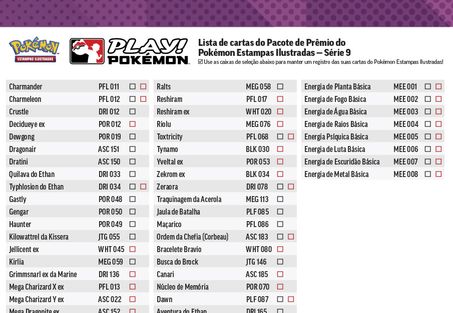 Uma imagem de exemplo de uma lista de cartas do Pokémon Estampas Ilustradas.