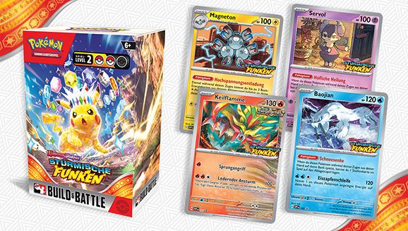 Finde tolle neue Karten in der Build & Battle Box Karmesin & Purpur – Stürmische Funken des Pokémon-Sammelkartenspiels