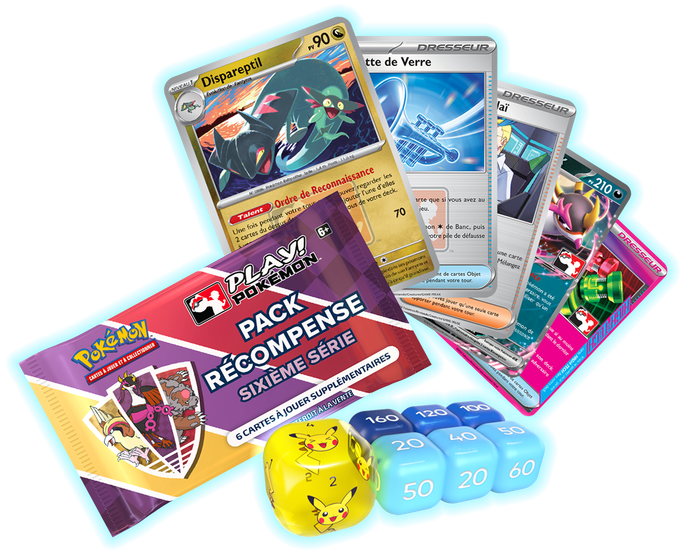 Des cartes du JCC Pokémon, des accessoires divers et des Packs Récompense Play! Pokémon.