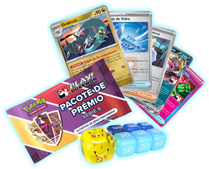 Cartas do Pokémon Estampas Ilustradas, acessórios diversos e Pacotes de Prêmio Play! Pokémon.
