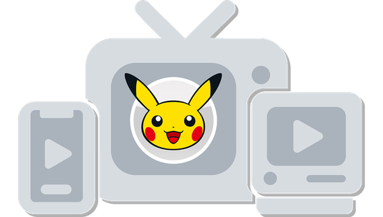 Des icônes de smartphones et d’ordinateurs, chacun affichant un bouton lecture, et une icône de télévision avec le visage de Pikachu au centre.